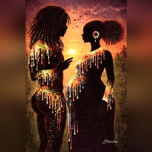 Sunset Silhouette Couple Quincy.beam. ( Free )Art Print - Colorful Drip Accents